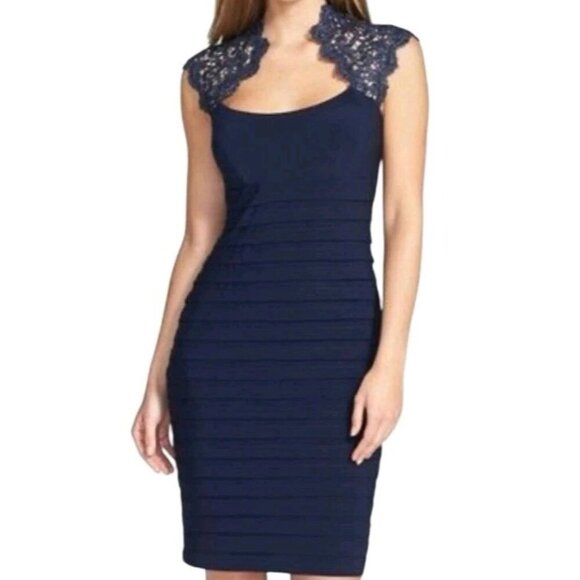 Xscape Navy Blue Knee Length Metallic Back Cocktail Party Dress Size 6 - Picture 1 of 9